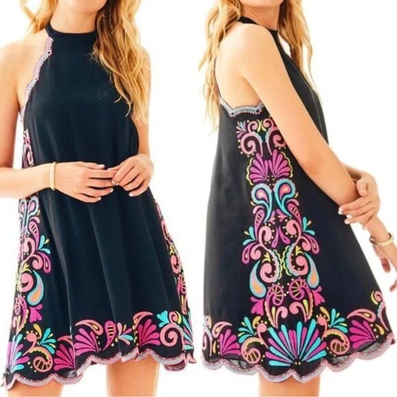 Lilly Pulitzer Quinn Dress Neon Embroidered In Onyx Gypset Swirl Dress XS - Picture 1 of 14